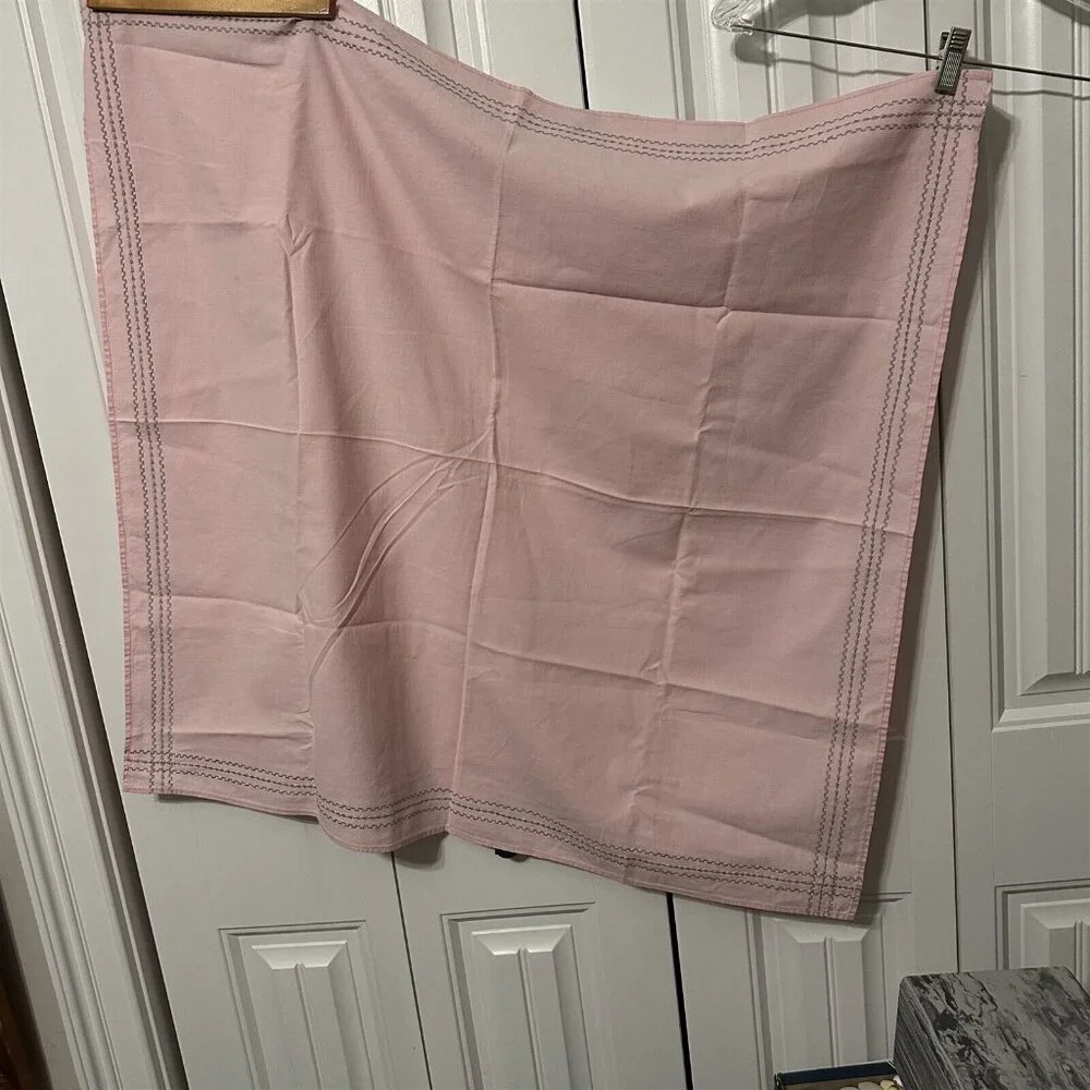 Vintage Tablecloth Topper Pink Silver Embroidered Trim Stripe
